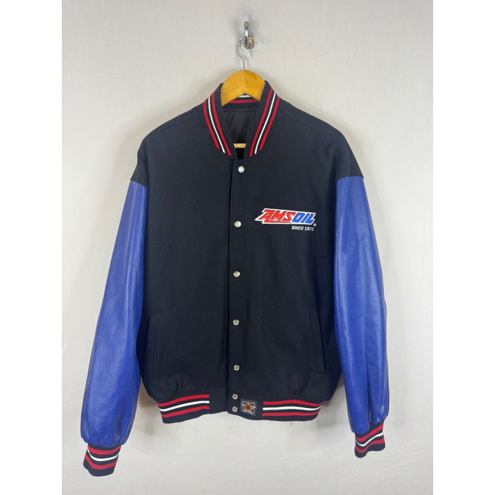 JH Design AMSOIL Reversible Varsity Jacket Wool Blue Leather Sleeves Mens Large